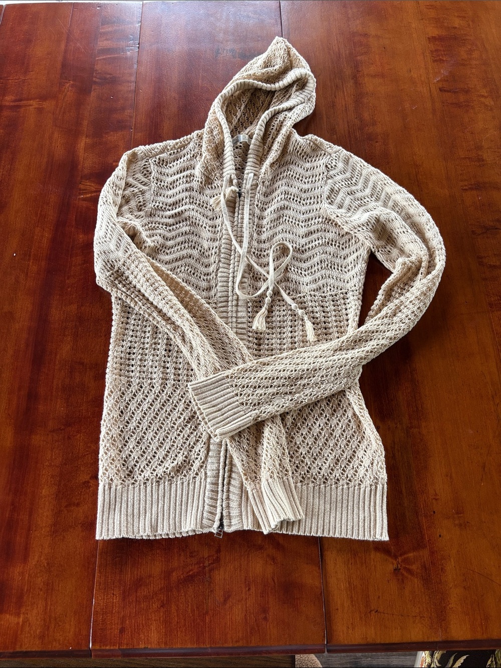 Athleta Open-Knit Hooded Zip Cardigan in Light Beige